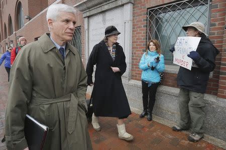 Defense attorneys for accused Boston Marathon bomber Dzhokhar Tsarnaev, David Bruck (L) and Judy Clarke (C), arrive at the federal courthouse for opening statement's in Tsarnaev's trial in Boston, Massachusetts, March 4, 2015. REUTERS/Brian Snyder