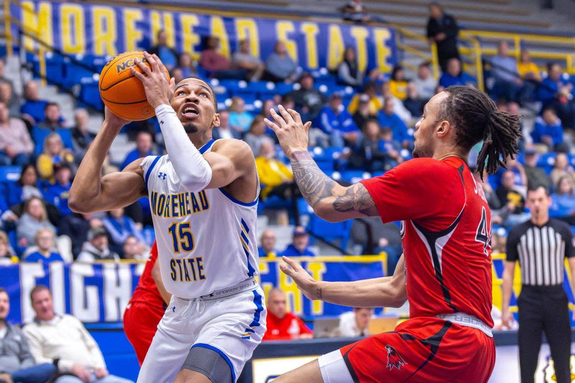 Morehead State guard Kalil Thomas (15) has set a single-season record for 3-pointers made for the Eagles.
