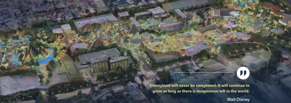 An artist’s rendering of the proposed development along the western side of the resort’s existing parks nestled in among the Disneyland Hotel and Disney’s Paradise Hotel. (DisneylandForward.com)