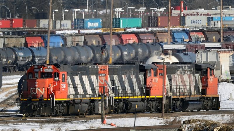 FILE PHOTO: Locomotives move through the CN railyards in Edmonton