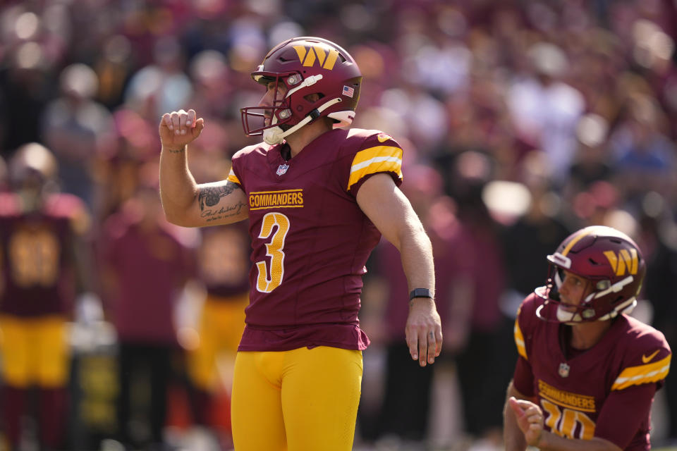 Washington Commanders place kicker Austin Seibert (3) celebrates his field goal against the New York Giants during the second half of an NFL football game in Landover, Md., Sunday, Sept. 15, 2024. (AP Photo/Matt Slocum)