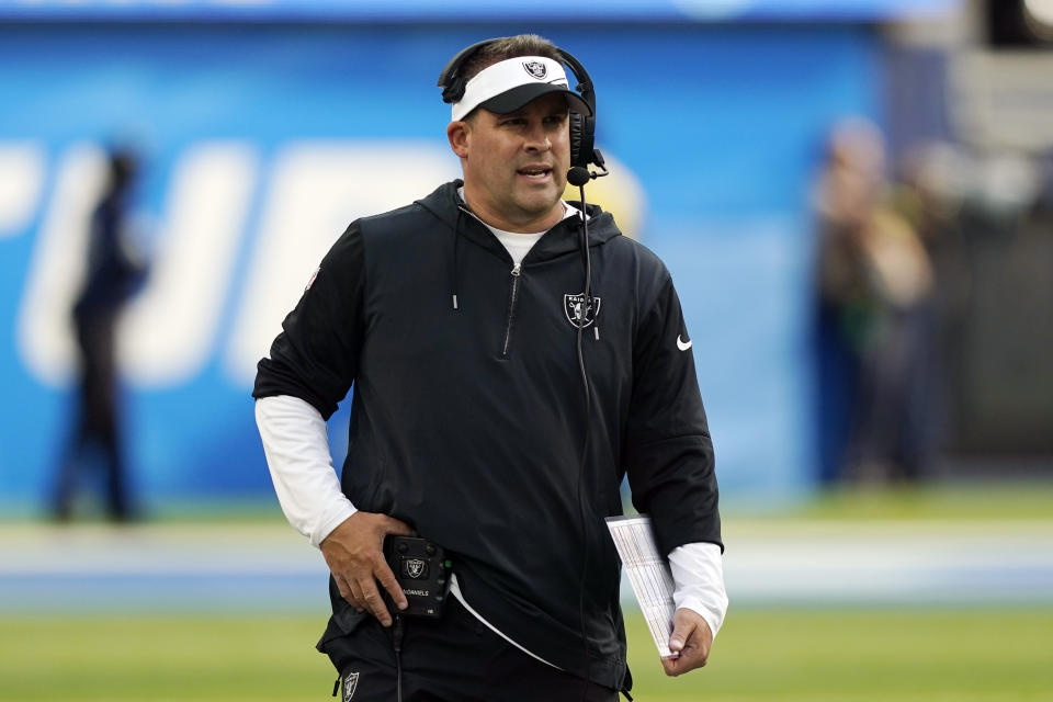 Las Vegas Raiders head coach Josh McDaniels walks on the sideline during the second half of an NFL football game against the Los Angeles Chargers Sunday, Oct. 1, 2023, in Inglewood, Calif. (AP Photo/Ryan Sun)