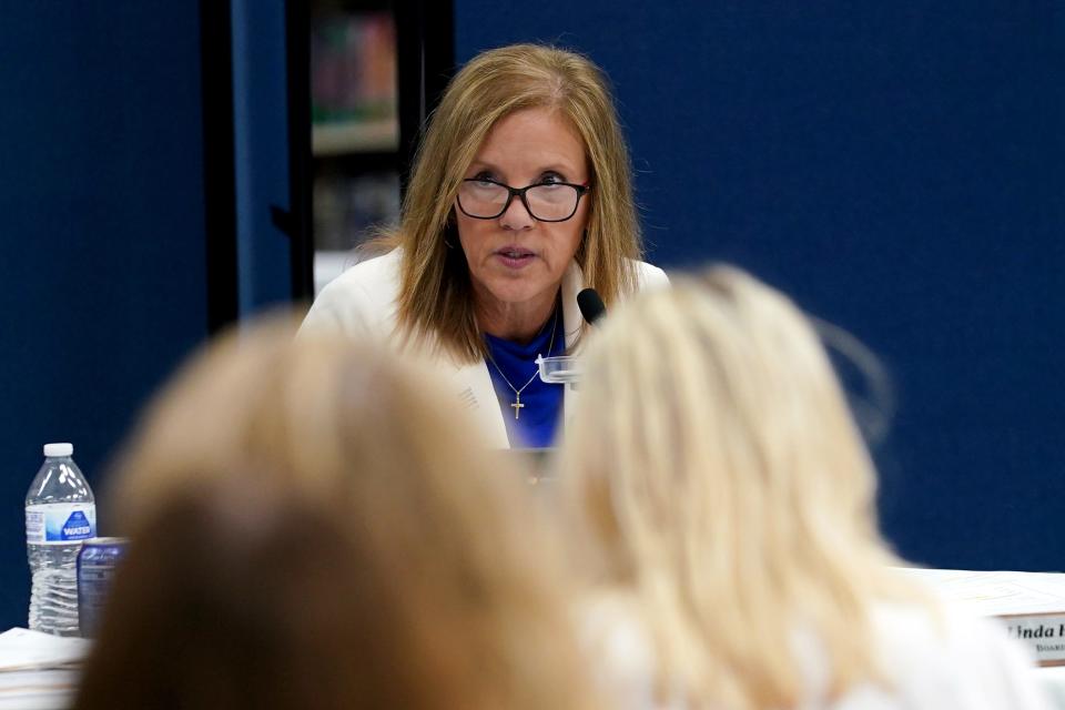 Forest Hills School District board member Linda Hausfeld speaks during a meeting, Wednesday, May 18, 2022, at Nagel Middle School in Anderson Township, Ohio. 