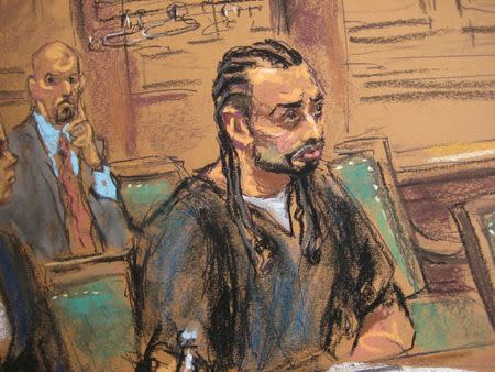 Haroon Aswat, 41, is shown in this courtroom sketch during sentencing in U.S. Federal court in New York, October 16, 2015. Aswat, a mentally ill British man who U.S. authorities said helped try to set up a training camp in oregon in 1999 at the behest of radical London Iman Abu Hamza al-Masri was sentenced on Friday to 20 years in prison. REUTERS/Jane Rosenberg NO SALES. NO ARCHIVES. FOR EDITORIAL USE ONLY. NOT FOR SALE FOR MARKETING OR ADVERTISING CAMPAIGNS