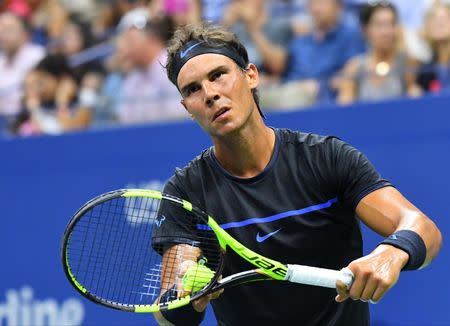 Aug 31, 2016; New York, NY, USA; Rafael Nadal of Spain serves to Andreas Seppi of Italy on day three of the 2016 U.S. Open tennis tournament at USTA Billie Jean King National Tennis Center. Mandatory Credit: Robert Deutsch-USA TODAY Sports