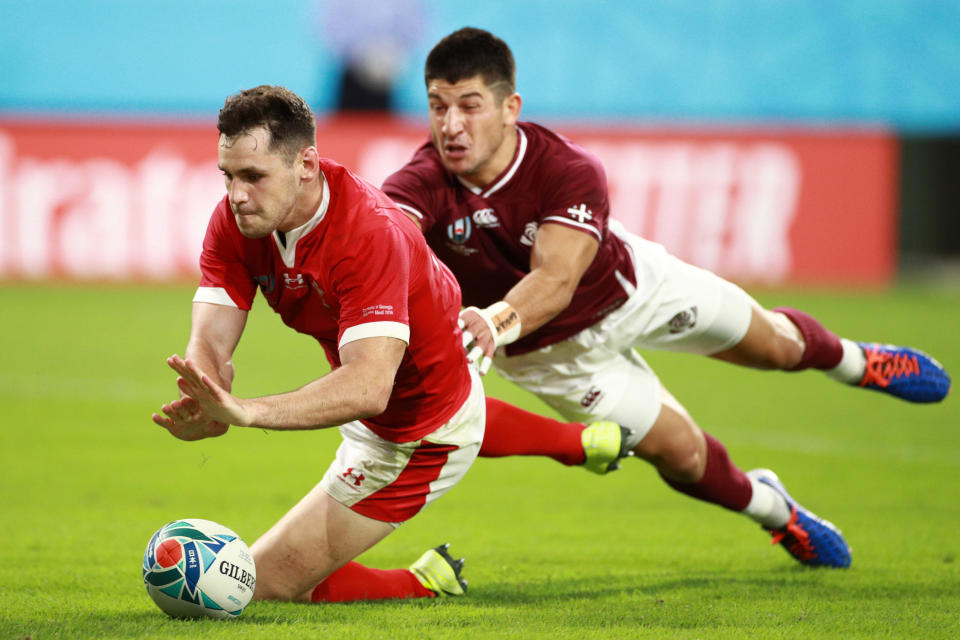 TOYOTA, JAPAN - SEPTEMBER 23: Tomos Williams of Wales scores his sides fifth try during the Rugby World Cup 2019 Group D game between Wales and Georgia at City of Toyota Stadium on September 23, 2019 in Toyota, Aichi, Japan. (Photo by Adam Pretty/Getty Images)