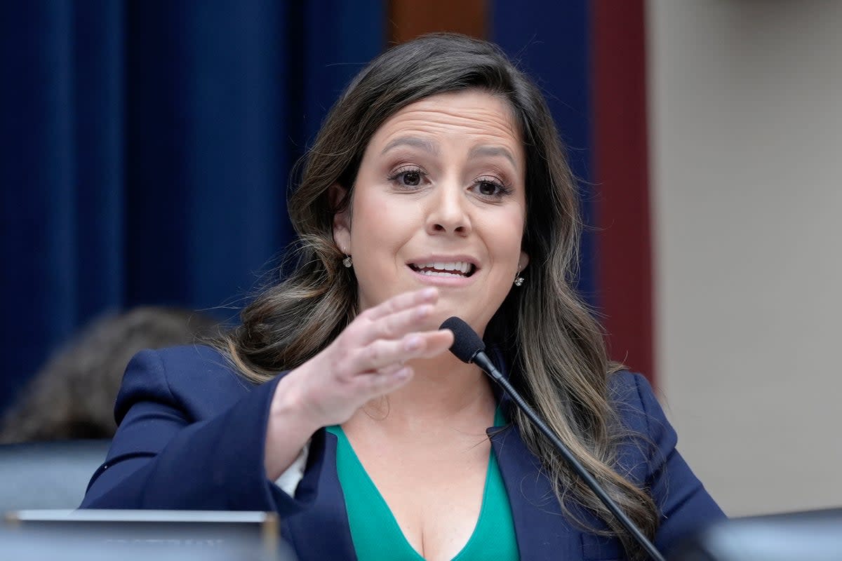 Representative Elise Stefanik, pictured speaking at the US Capitol on 17 April 2024, is one of Donald Trump’s rumored contenders for vice president (AP)