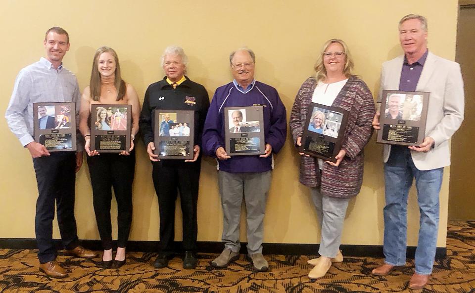 Inducted into the Watertown High School Athletic Hall of Fame on Saturday, Sept. 16, 2023 were, from left, Josh Olson, Brittany (Page) Kuper, Dr. Clark Likness, Dr. Ed Gerrish, Kristin (Rector) Griess and Craig Austin.