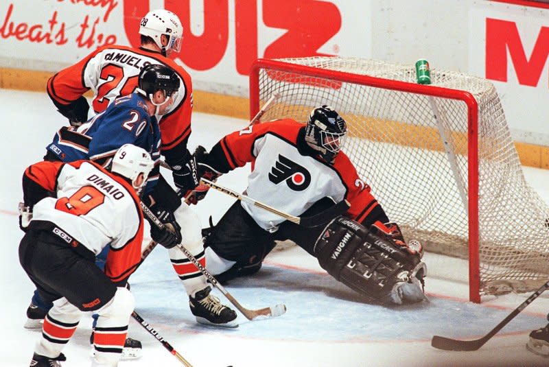 On April 11, 1989, Philadelphia Flyers' Ron Hextall became the first NHL goaltender to score in a playoff game, defeating the Washington Capitals. UPI File Photo