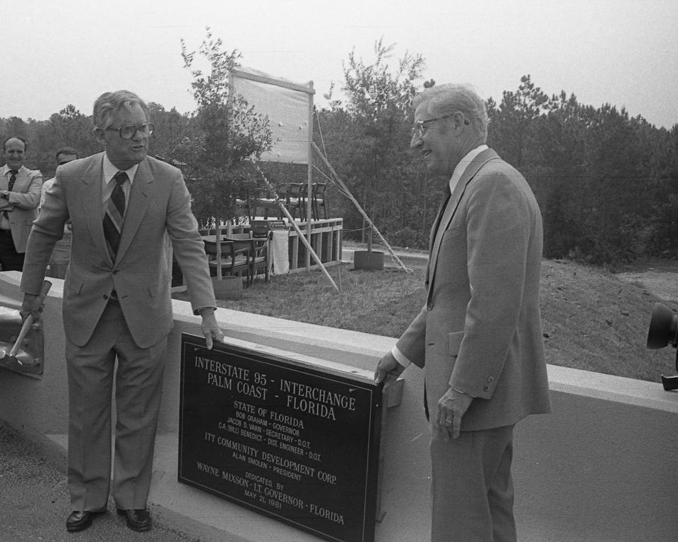 Florida Lt. Gov. Wayne Mixon and ITT Community Development Corporation President Alan Smolen dedicate the Palm Coast Interstate 95 exchange on May 21, 1981. The interchange helped spur growth in Flagler County.