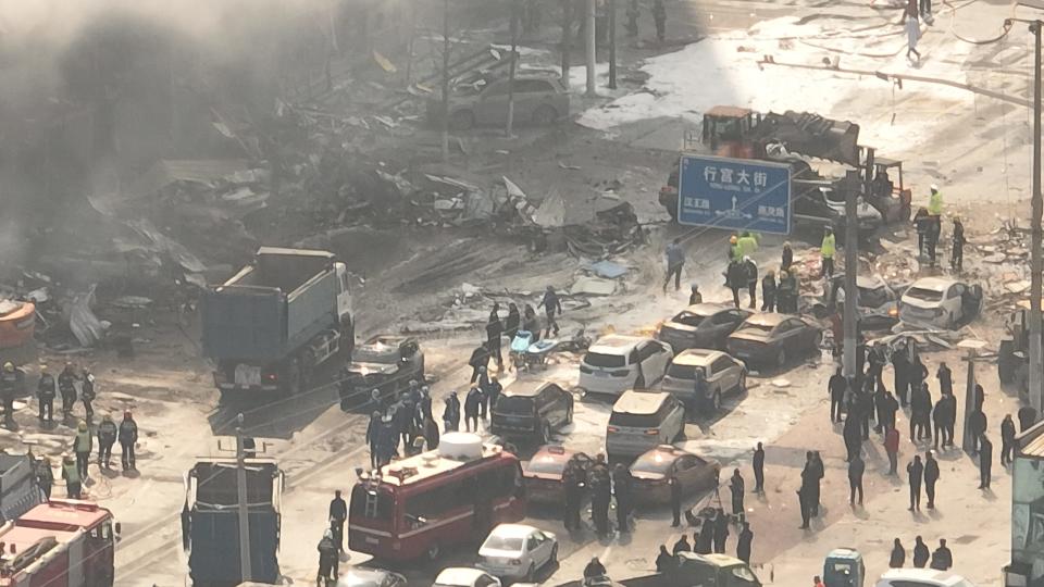 An overhead view of the street on Yanjiao where an explosion killed seven people.