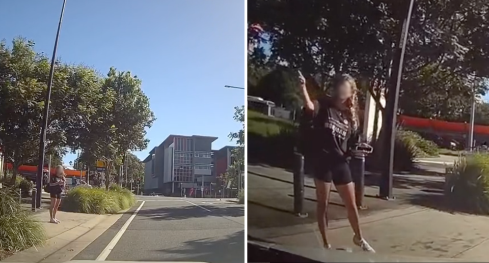 Image of a woman standing in a car park to reserve it off a Gold Coast road. 