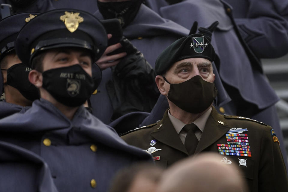 Joint Chiefs Chairman Gen. Mark Milley attends the 121st Army-Navy Football Game in Michie Stadium at the United States Military Academy, Saturday, Dec. 12, 2020, in West Point, N.Y. (AP Photo/Andrew Harnik)