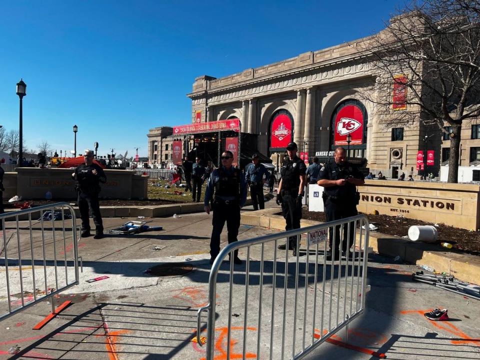 Kansas City police are seen at Union Station, where a shooting broke out during the Chiefs’ Super Bowl victory rally. Glenn E. Rice - The Kansas City Star