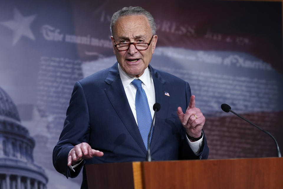 Senate Majority Leader Chuck Schumer, D-N.Y., speaks to reporters at the Capitol in Washington. Schumer warned his Democratic colleagues that June will "test our resolve" as senators return Monday to consider infrastructure, voting rights and other priorities. Six months into Democrats' hold on Washington, the senators are under enormous pressure to make gains on Democrats' campaign promises. (AP Photo/J. Scott Applewhite, File)