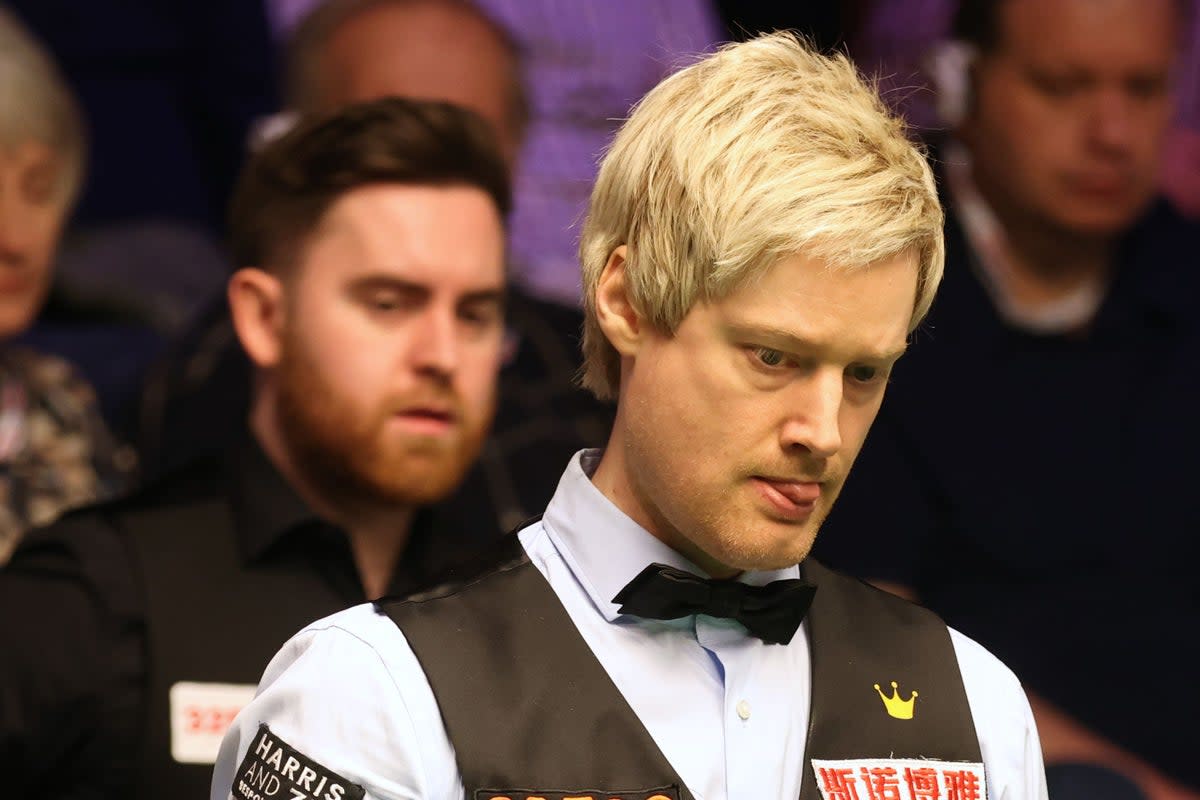 Neil Robertson (right) is level with Crucible debutant Jak Jones after their opening session in Sheffield (Nigel French/PA) (PA Wire)