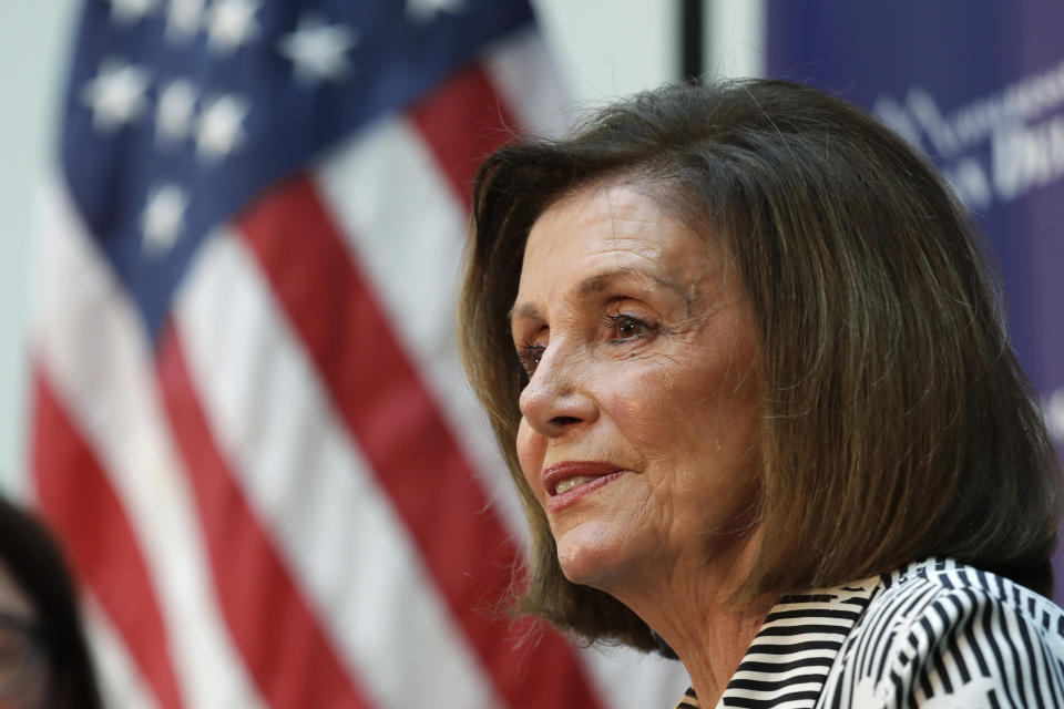 Speaker of the House Nancy Pelosi, D-Calif., listens during a talk about lowering the cost of prescription drug prices Tuesday, Oct. 8, 2019, at Harborview Medical Center in Seattle. (AP Photo/Elaine Thompson)