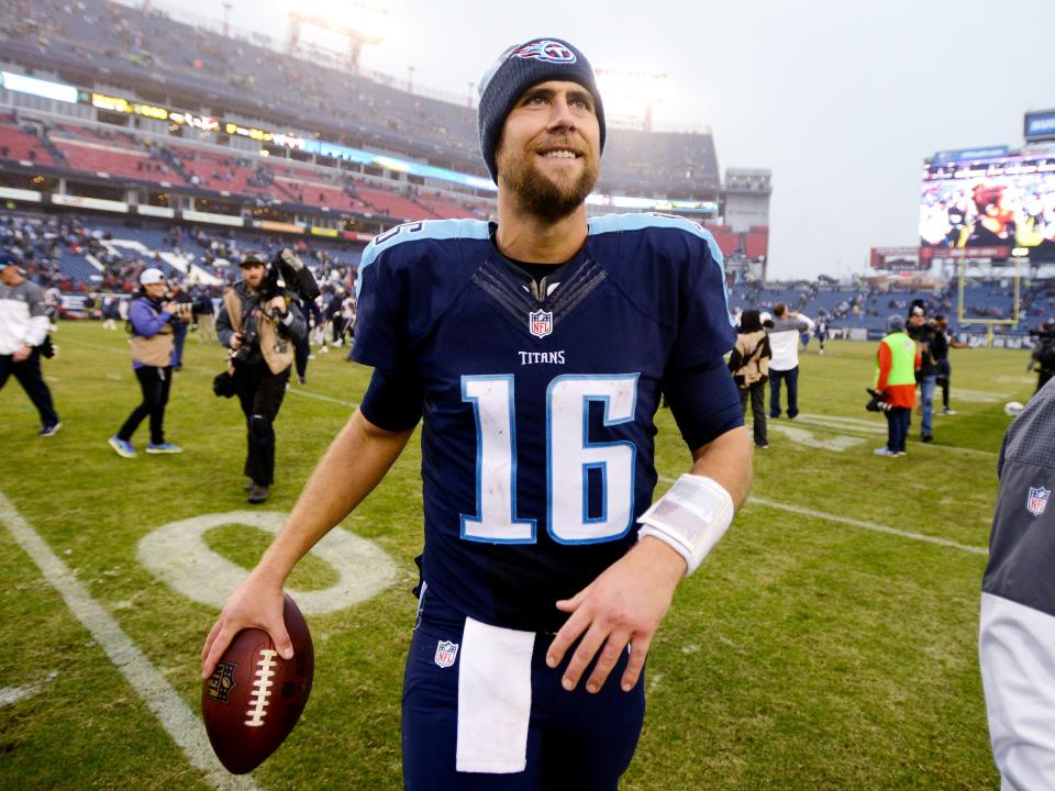 16 Matt Cassel, QB (How many Titans have worn the number: 4) Here, Tennessee Titans quarterback Cassel (16) reacts while exiting the field after defeating the Houston Texans at Nissan Stadium Jan. 1, 2017.