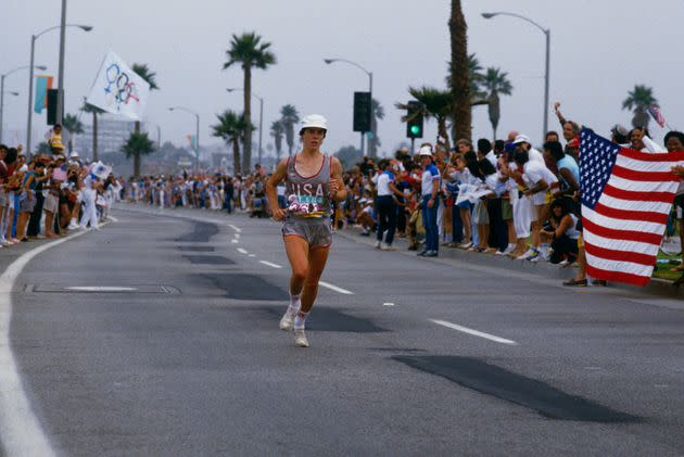 LOS ANGELES - 1984: Olympic gold medalist Joan Benoit runs the last leg of a marathon during the Summer Olympics XXIII circa 1984 in Los Angeles, California. (Photo by Focus on Sport via Getty Images) (Photo: Focus On Sport via Getty Images)