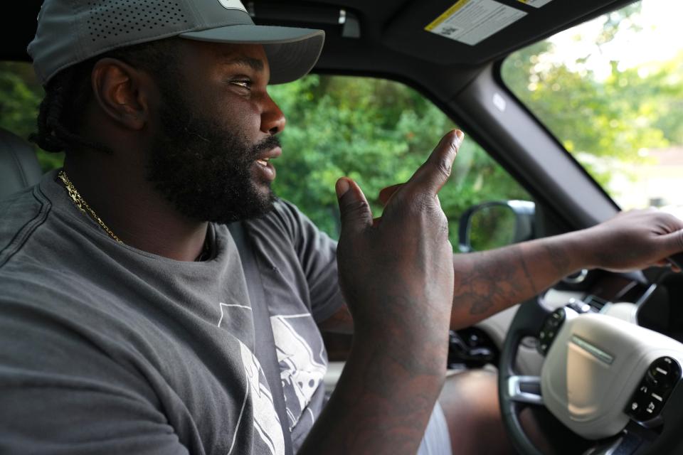 Cincinnati Bengals defensive tackle DJ Reader drives to the baseball field he played on grew up in, Friday, June 16, 2023, in Greensboro, N.C.