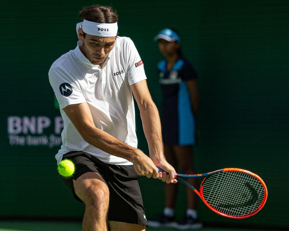 Taylor Fritz (USA) hits the ball during his match against Alejandro Tabilo (CHI) at the BNP Paribas Open at Indian Wells Tennis Garden in Indian Wells, California, on March 9, 2024.