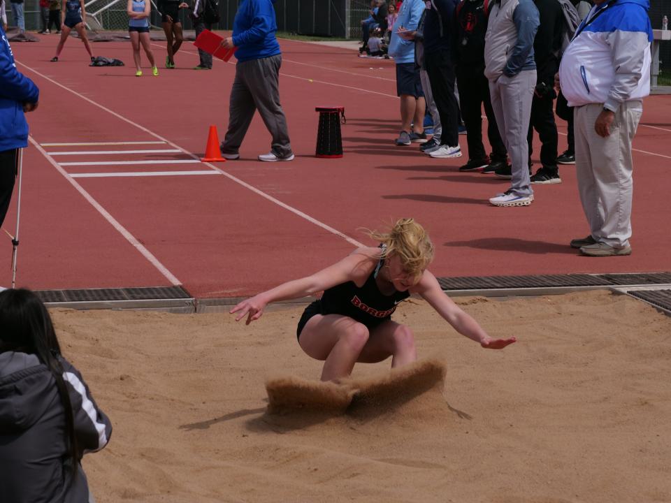 Borger's Sky Sessions competes in the triple jump during the 3&4 - 4A Area Track Meet on April 20, 2023 at West Texas A&M University.