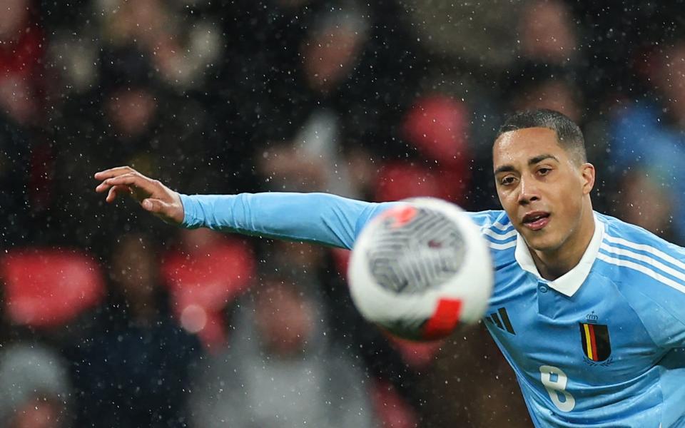 Belgium's midfielder #08 Youri Tielemans eyes the ball during the International friendly football match