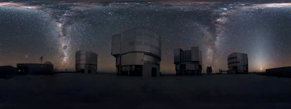 This amazing image seems to show the Milky Way streaming down not once, but twice, at ESO's Very Large Telescope on Chile's Cerro Paranal mountain. Actually, the photo shows a 360-degree panorama of the sky, so the two streams of stars are two