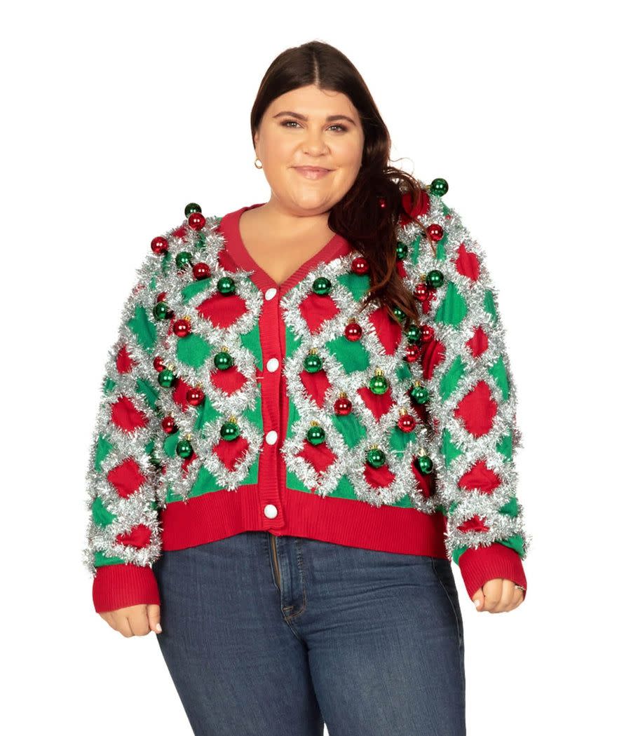 13) Women's Tacky Tinsel Plus Size Cardigan Sweater