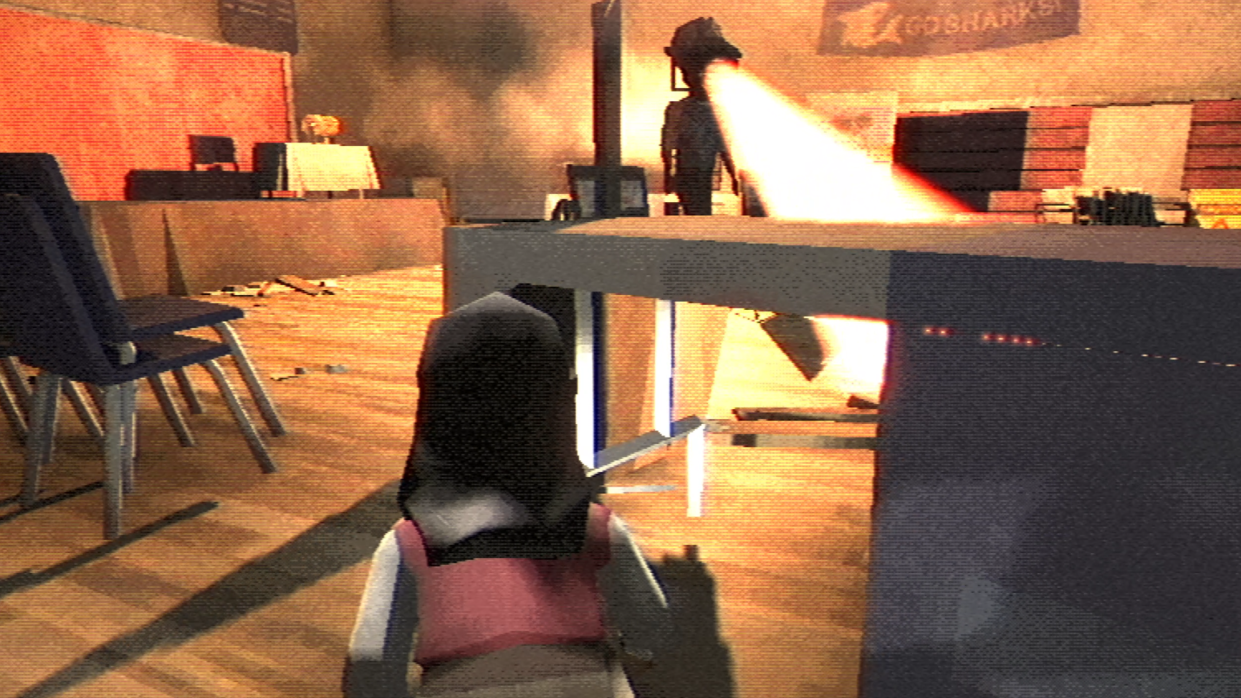  A screenshot shows the Fear the Spotlight protagonist hiding under a desk. 