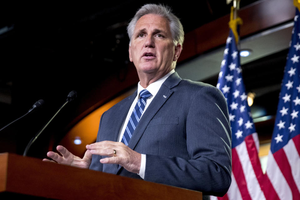 House Minority Leader Kevin McCarthy of Calif. meets with reporters on Capitol Hill in Washington, Thursday, July 11, 2019. (AP Photo/Andrew Harnik)