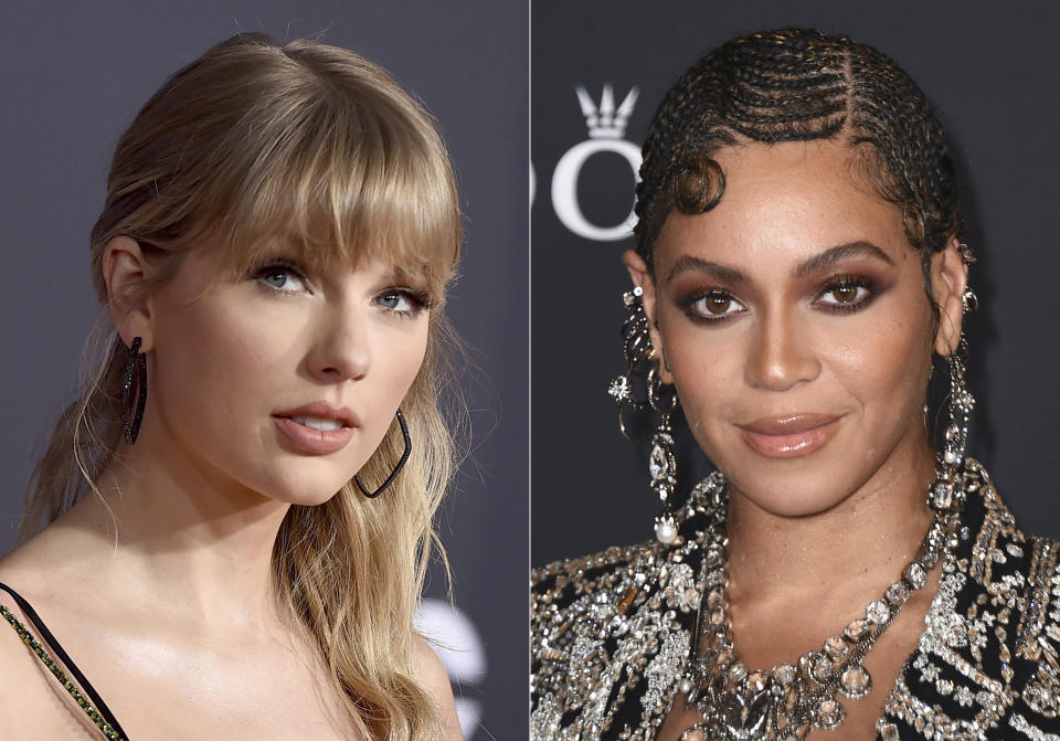 Taylor Swift appears at the American Music Awards in Los Angeles on Nov. 24, 2019, left, and Beyonce appears at the world premiere of "The Lion King" in Los Angeles on July 9, 2019. Swift could become the first woman to win the show’s top prize, album of the year, three times. Her first surprise album of 2020, the folky, alternative adventure “folklore,” is competing for the top honor. While Beyonce has never won album of the year, she is the most nominated act. With 24 previous wins and nine nominations this year, she could surpass Alison Krauss’ 27 wins and become the most decorated woman in Grammys history. (AP Photo)