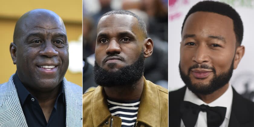 Left to right: Magic johnson, Le Bron James and John Legend.