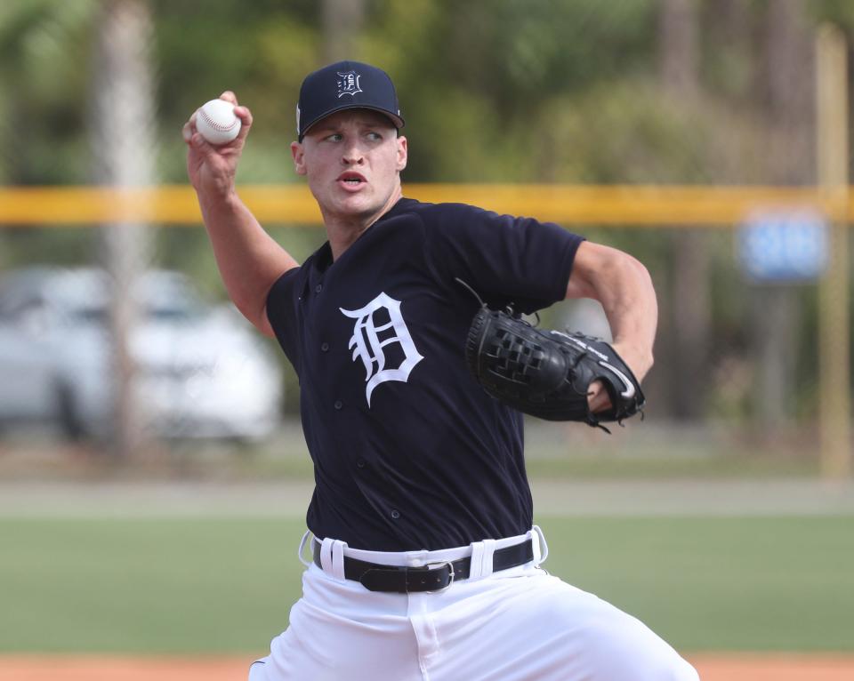 Tigers pitcher Matt Manning throws live batting practice during Detroit Tigers spring training on Wednesday, March 16, 2022, at TigerTown in Lakeland, Florida.