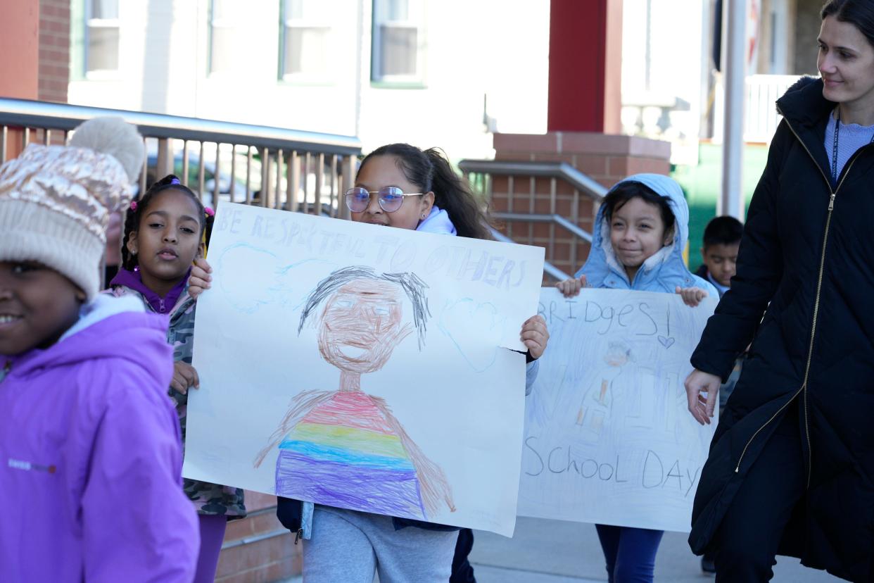 Students do a Ruby Bridges Walk around their school, PS #21, in Passaic, NJ on Tuesday Nov. 14, 2023. Ruby Bridges was six years old and was the first African American child to attend a formerly whites-only William Frantz Elementary School in Louisiana during the New Orleans school desegregation crisis on November 14, 1960.