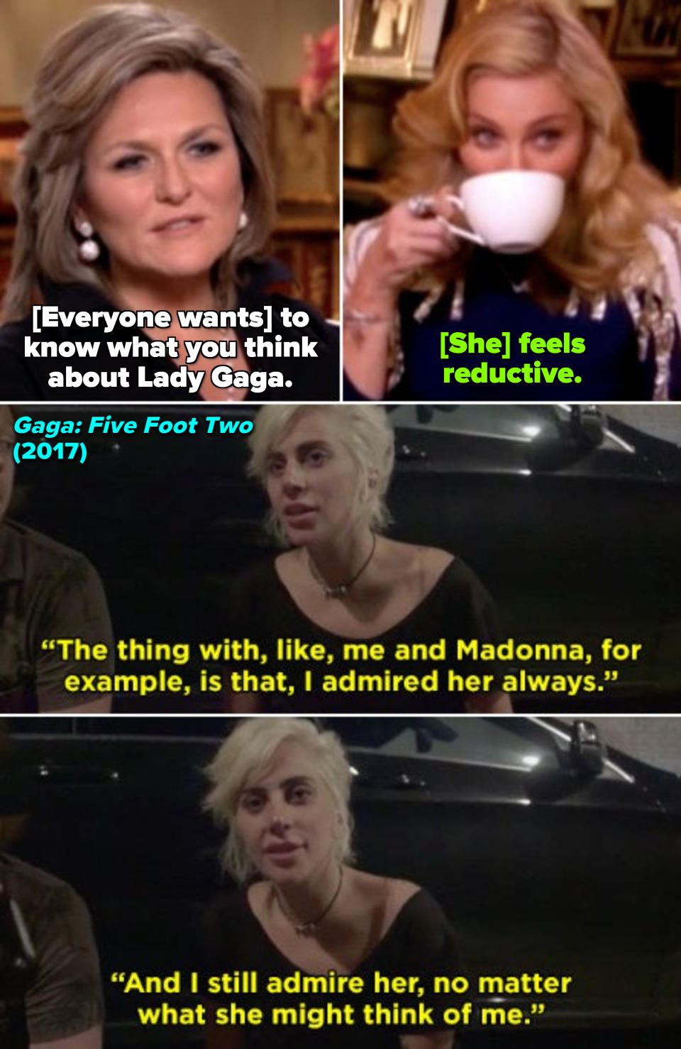 Madonna saying Gaga is "reductive" in an interview; Gaga in "Gaga: Five Foot Two" saying: "I admired [Madonna] always, and I still admire her"