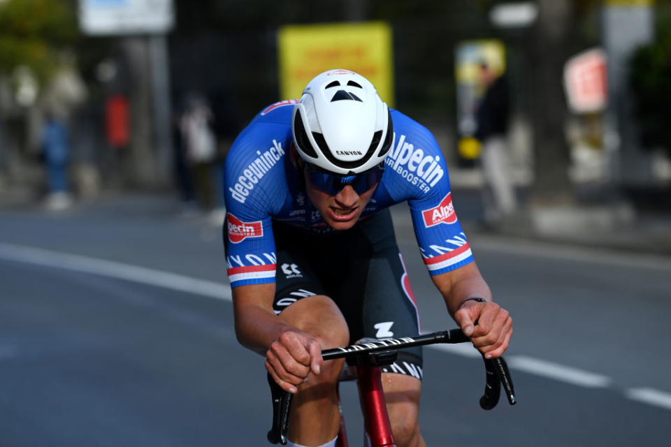 SANREMO ITALY  MARCH 18 Mathieu Van Der Poel of The Netherlands and Team AlpecinDeceuninck attacks in the breakaway during the 114th MilanoSanremo 2023 a 294km one day race from Abbiategrasso to Sanremo  MilanoSanremo  UCIWT  on March 18 2023 in Sanremo Italy Photo by Tim de WaeleGetty Images