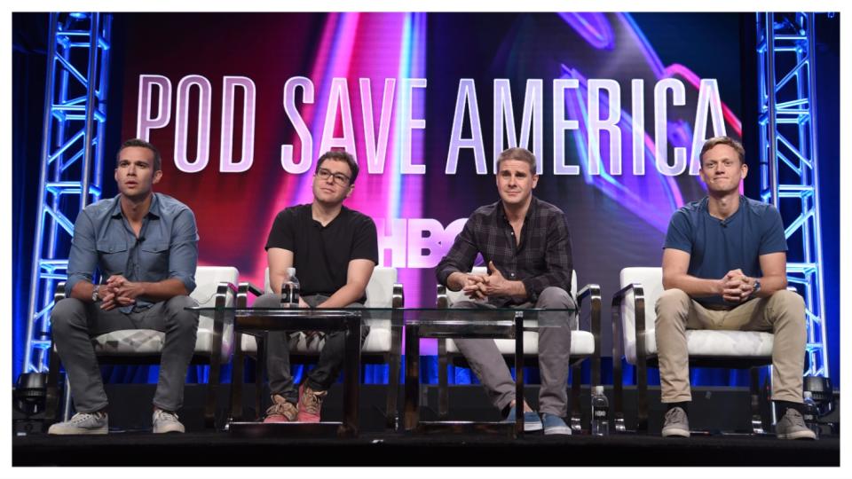 From left, Jon Favreau, Jon Lovett, Dan Pfeiffer and Tommy Vietor participate in the “Pod Save America” panel during the HBO Television Critics Association Summer Press Tour in Beverly Hills, Calif., July 25, 2018. (Richard Shotwell, Invision via AP, file)