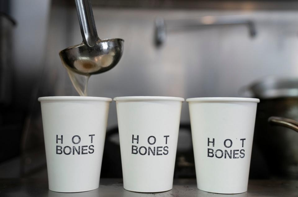 Lara Richli, the founder of Hot Bones, is working on a business concept of a yoga/Pilates studio featuring a bone broth bar. The recipe for the bone broths of chicken, beef and mushrooms is being perfected by chefs Jennifer Jackson and Justin Tootla on Monday, Oct. 9, 2023.