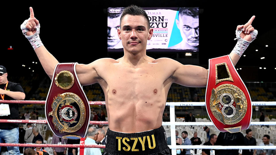 Tim Tszyu is pictured celebrating after his victory over Jeff Horn.