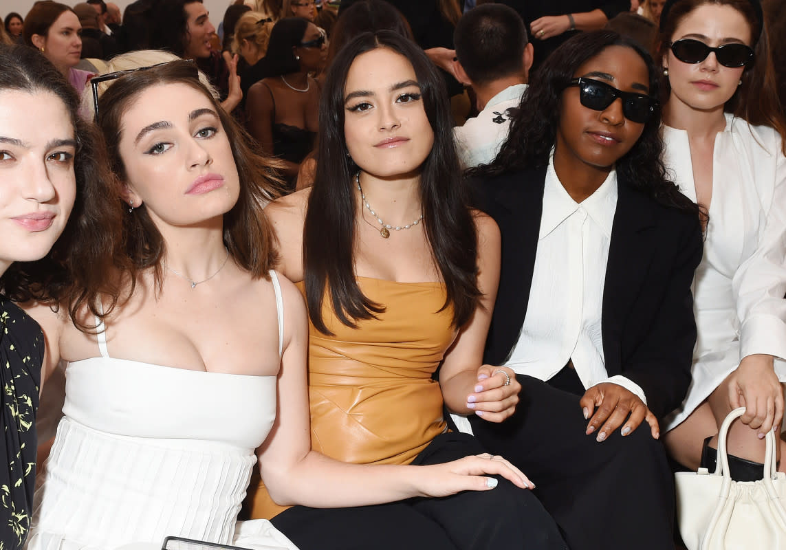 Emma Seligman, Rachel Sennott, Chase Sui Wonders, Ayo Edebiri and Molly Gordon (left to right) sit front row at Proenza Schouler Spring 2024.<p>Photo: Gilbert Flores/WWD via Getty Images</p>