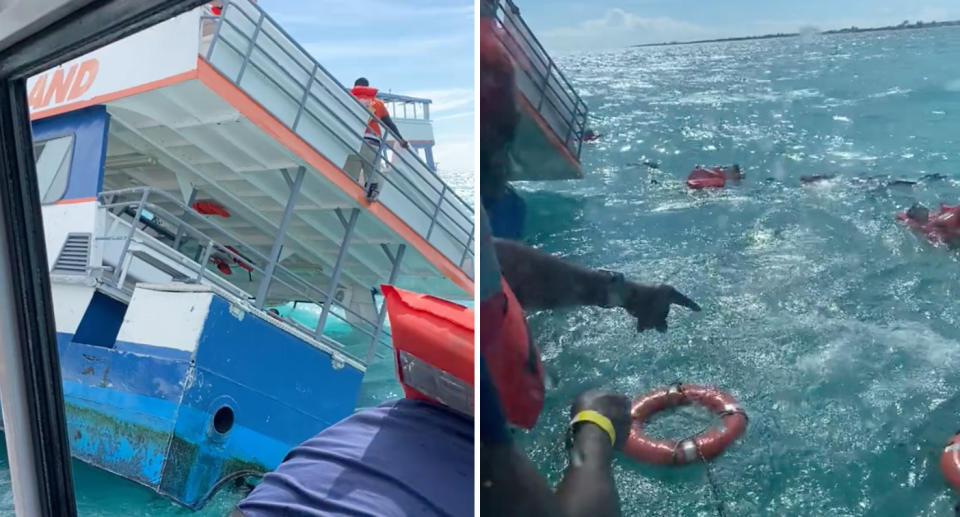 Left, the ferry capsized on its side. Right, passengers splash in the water. 