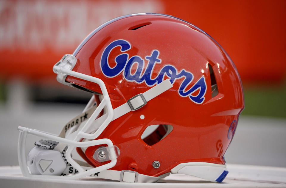 Nov. 20, 2021; Columbia, Missouri; A general view of a Florida Gators helmet against the Missouri Tigers during the game at Faurot Field at Memorial Stadium. Denny Medley-USA TODAY Sports