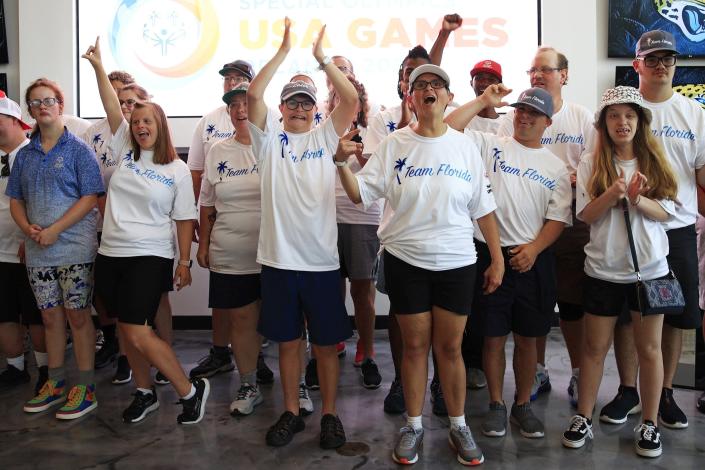 Northeast Florida athletes gather for a photo at Friday's TIAA Bank Field sendoff to the national Special Olympics games in Orlando.