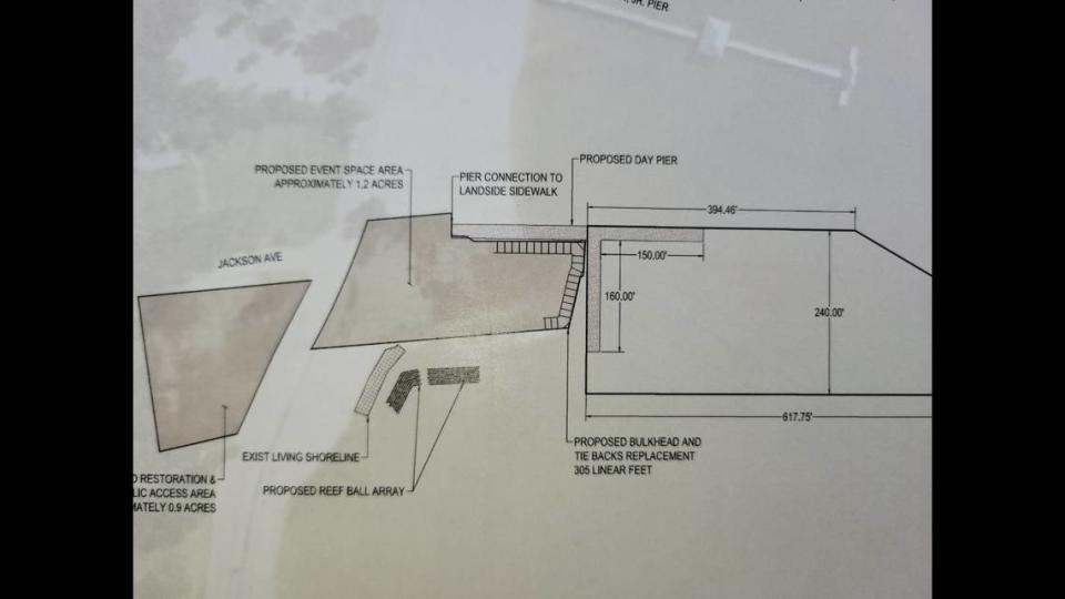 Members of the Ocean Springs Board of Aldermen received copies of this new plan for development on Front Beach, which eliminates a marina but includes an L-shaped pier. The board voted Tuesday night to build the pier, plus a bulkhead shown on the drawing. They also plan for the boat channel to be dredged. A planned event space and parking area also are shown in the drawing. The city’s engineering firm will refine the pier concept before it can be presented to state and federal agencies for permitting.