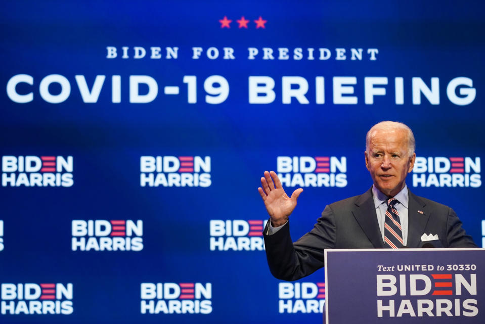 Democratic presidential candidate former Vice President Joe Biden speaks after participating in a coronavirus vaccine briefing with public health experts, Wednesday, Sept. 16, 2020, in Wilmington, Del. (AP Photo/Patrick Semansky)