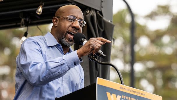 PHOTO: Senator Raphael Warnock speaks to supporters at a midterm election campaign event at Berean Christian Church in Snellville, Ga., Nov. 5, 2022. (Bob Strong/Reuters)