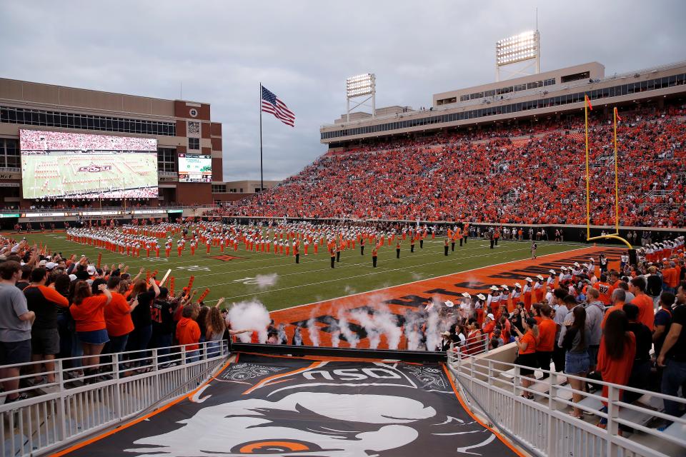 The Oklahoma State marching band plays before a college football game between OSU and South Alabama at Boone Pickens Stadium in Stillwater on Sept. 8, 2018.