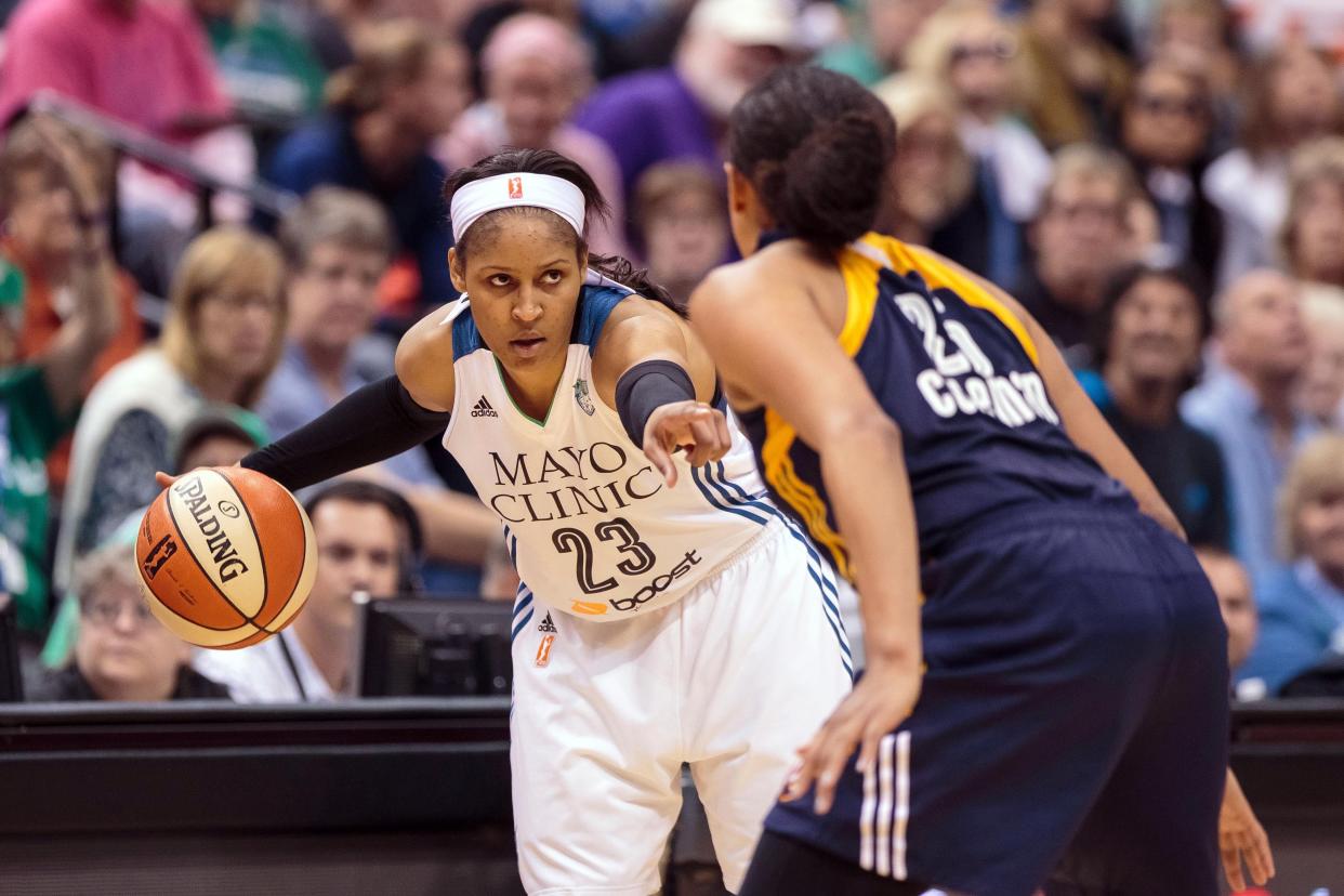 Maya Moore (23) dribbles during the Minnesota Lynx's game against the Indiana Fever on Oct. 6, 2015.