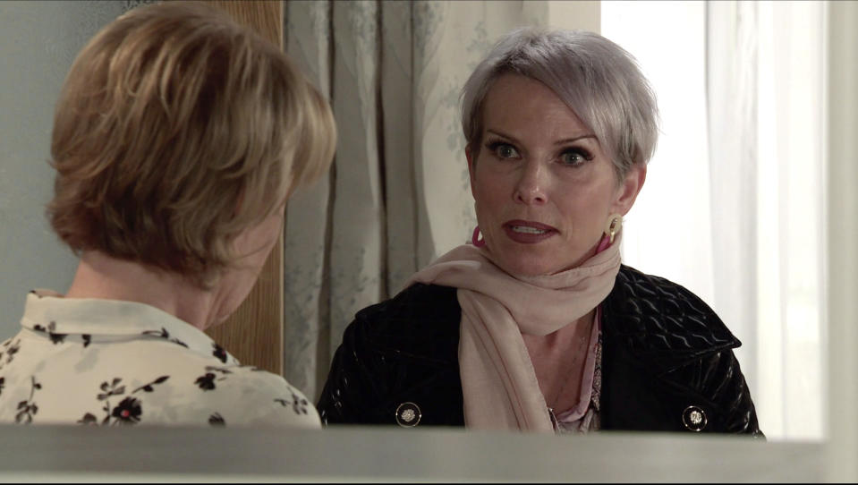 FROM ITV  STRICT EMBARGO- No Use Before  Tuesday 19th January 2021  Coronation Street - Ep 10231  Monday 25th January 2021 - 1st Ep  Debbie Webster [SUE DEVANEY] swears blind that she didnÕt know anything about the bribery or the assault on Fay.  Picture contact David.crook@itv.com   This photograph is (C) ITV Plc and can only be reproduced for editorial purposes directly in connection with the programme or event mentioned above, or ITV plc. Once made available by ITV plc Picture Desk, this photograph can be reproduced once only up until the transmission [TX] date and no reproduction fee will be charged. Any subsequent usage may incur a fee. This photograph must not be manipulated [excluding basic cropping] in a manner which alters the visual appearance of the person photographed deemed detrimental or inappropriate by ITV plc Picture Desk. This photograph must not be syndicated to any other company, publication or website, or permanently archived, without the express written permission of ITV Picture Desk. Full Terms and conditions are available on  www.itv.com/presscentre/itvpictures/terms